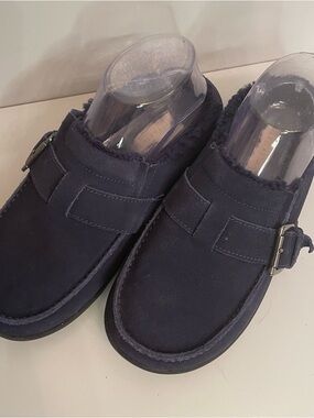 Revitalign Siesta Snug Orthotic Buckle Mules Faux Fur Suede Navy Blue Size 7.5 D